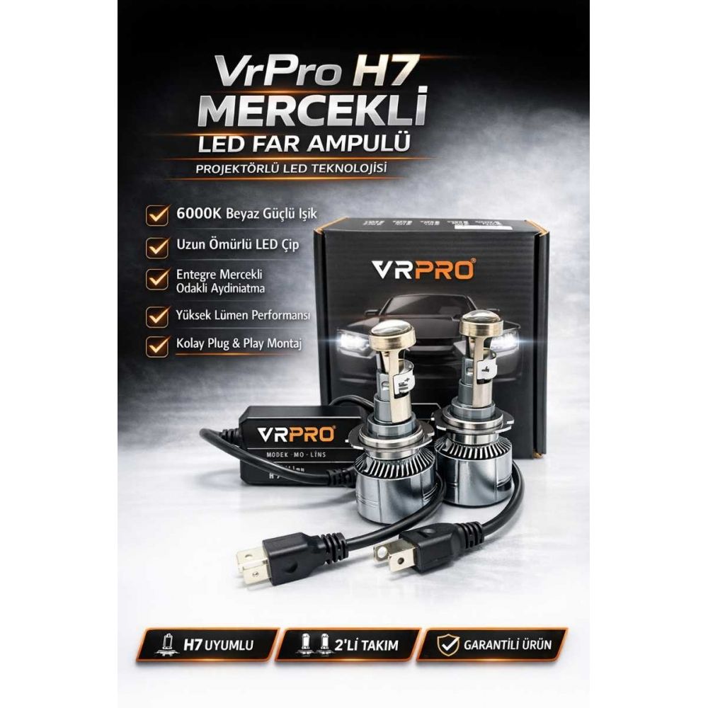 VrPro H7 Mercekli LED Far Ampulü 6000K Beyaz Işık – Yüksek Lümen Fanlı Soğutma Canbus Uyumlu