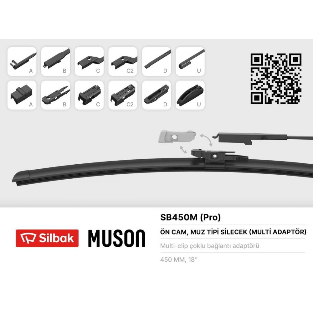 Silbak SB450m 450mm Muz Tip Silecek 6 Aparatlı Universal Cam Sileceği