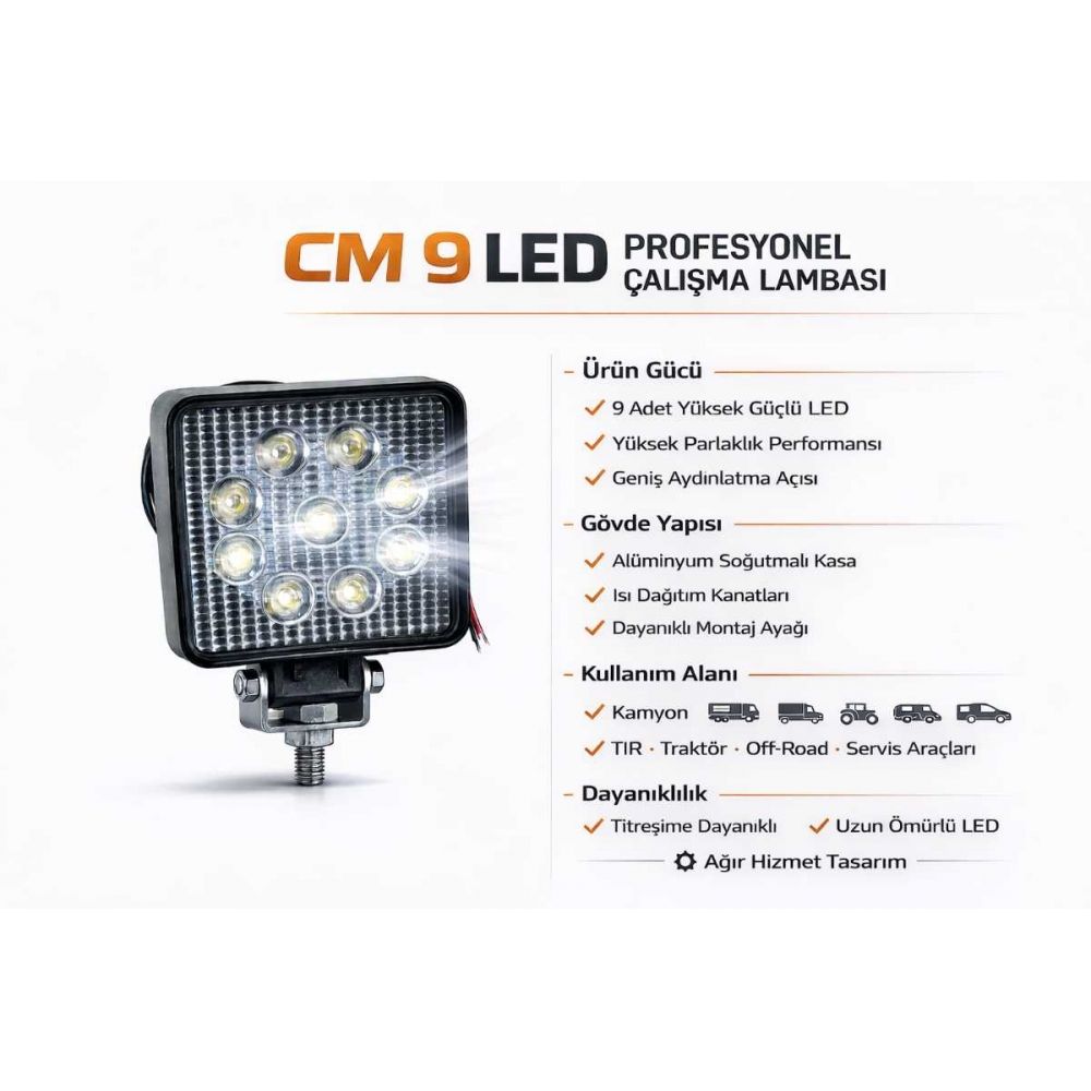 CM 9 LED Beyaz Işık Çalışma Lambası 12V-24V Universal Off-Road Kamyon Tır İş Makinesi Led Projektör