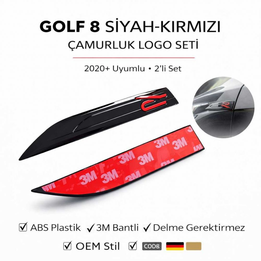Volkswagen Golf 8 2’li Çamurluk Logo Seti Siyah-Kırmızı – ABS Plastik – 3M Bantlı Yan Amblem (2020 ve Üzeri Uyumlu)