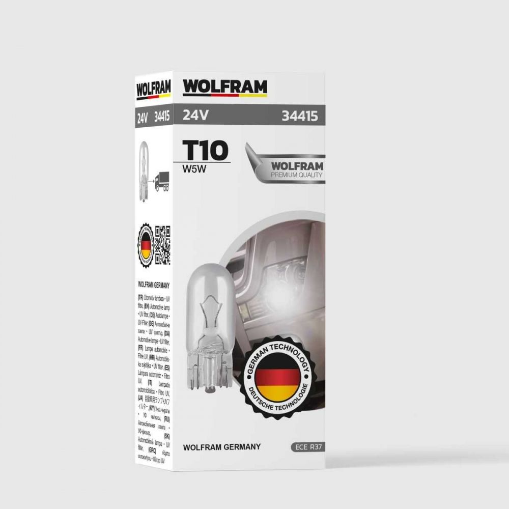 Wolfram 24V T10 5W W5W Orta Dipsiz Standart Ampul 10’lu Paket – Araç Park, Gösterge ve İç Aydınlatma Uyumlu Yüksek Kalite