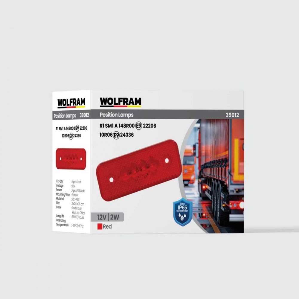 Wolfram Side Marker Kırmızı 12V 2W E Belgeli – Araç Yan Pozisyon Lambası, Stop Destek LED Aydınlatma, Su Geçirmez Mini Lamba