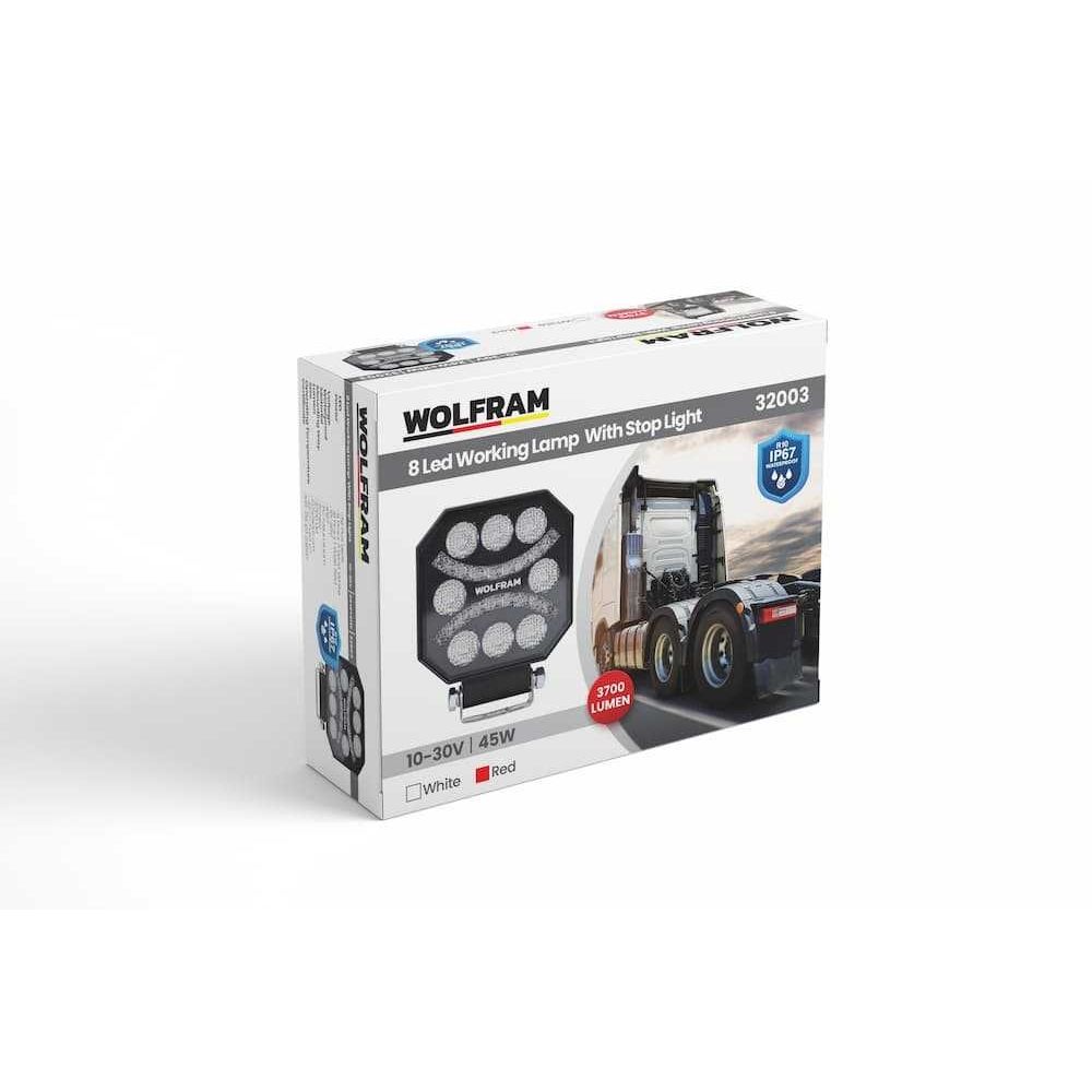 Wolfram 8 LED Emojili Çalışma Lambası Kırmızı-Beyaz E Belgeli 10V-30V 45W Off Road İş Projektörü – Su Geçirmez Güçlü Aydınlatma