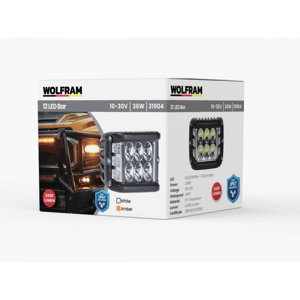 Wolfram 12 LED Çalışma Lambası Beyaz + Sarı Işık 10V-30V 36W Off Road Çift Renk LED Projektör – Sis ve Gece Görüşü İçin