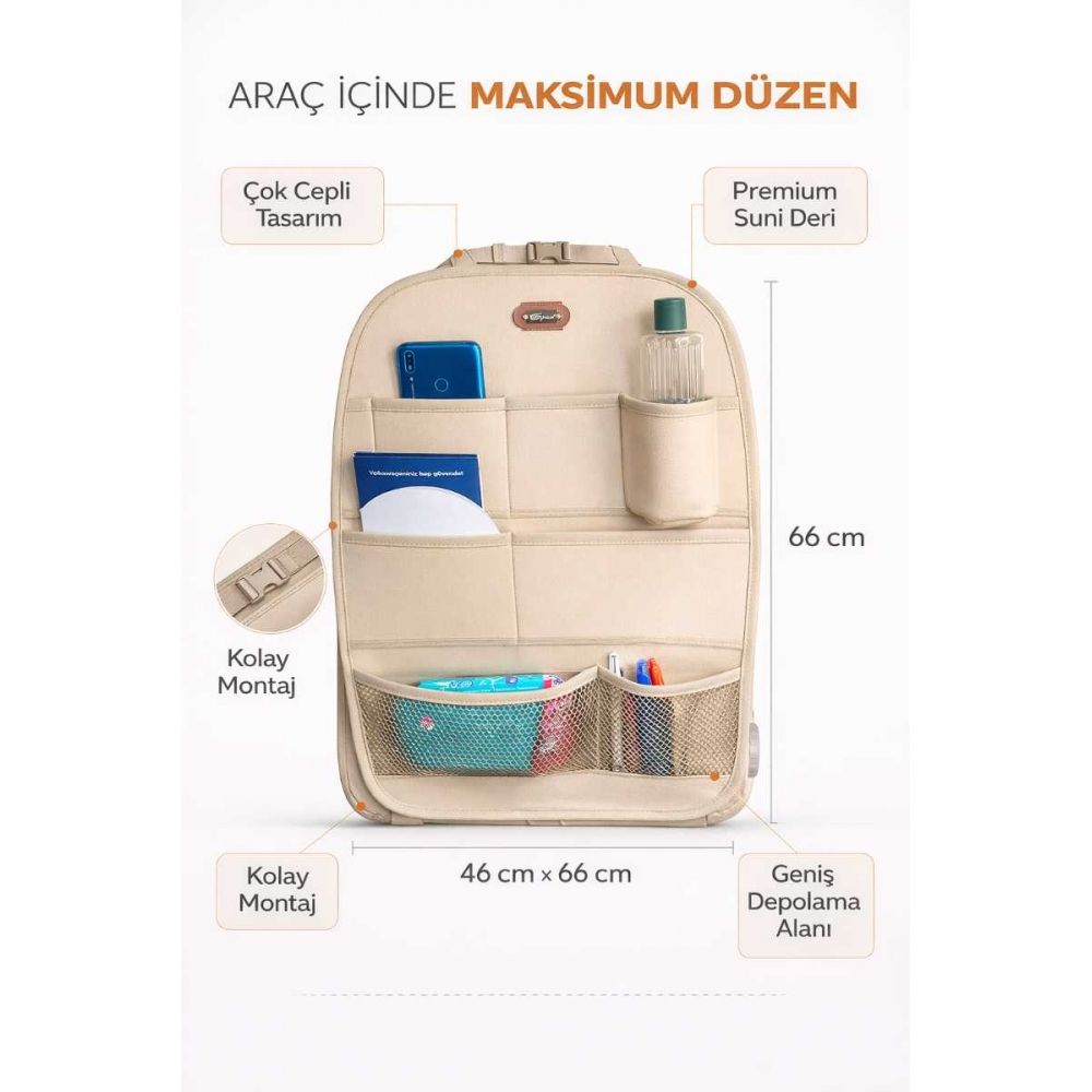Space Koltuk Arkası Organizer Suni Deri Bej – Araç İçi Düzenleyici Çok Cepli Oto Koltuk Arkası Organizer Çanta 46x66 cm