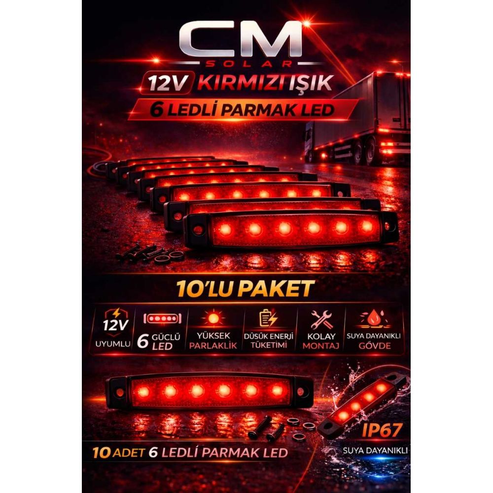 CM 12V 6 LED Kırmızı Parmak LED Oto Yan Pozisyon Lambası 10'lu Paket