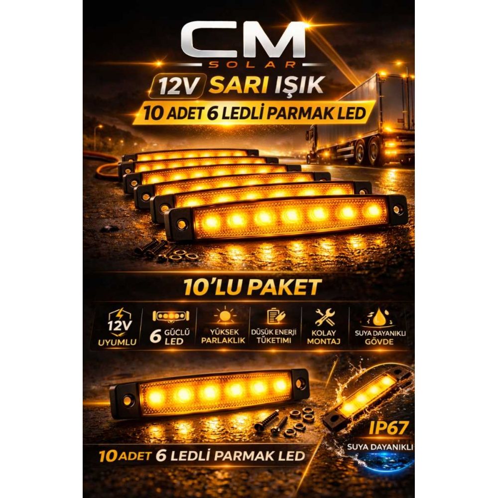 CM 12v 6 Led Sarı Parmak Led Oto Yan Pozisyon Lambası 10'lu Paket
