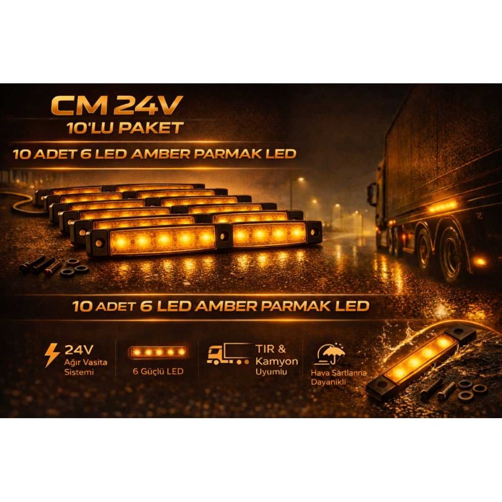 CM 24V 6 LED Sarı Parmak LED Kamyon Tır Yan Pozisyon Lambası 10'lu Paket