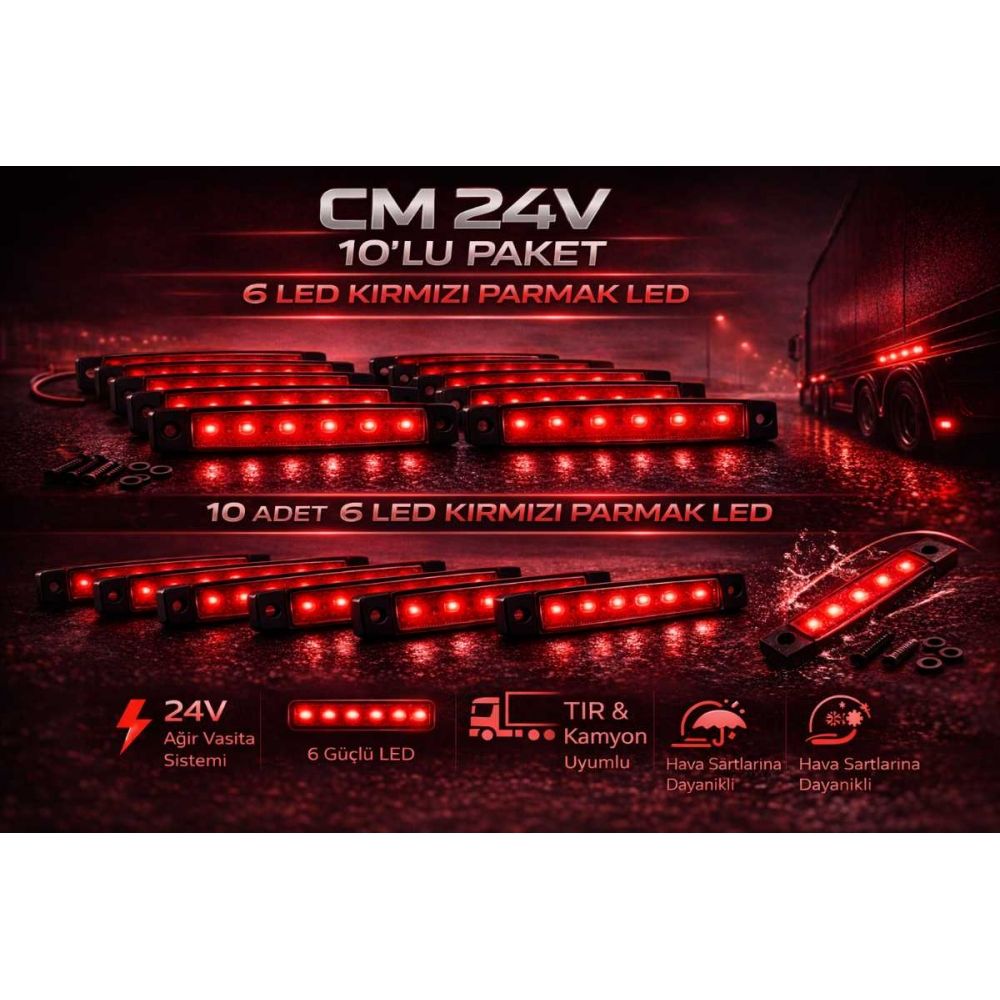 CM 24V 6 LED Kırmızı Parmak LED Kamyon Tır Yan Pozisyon Lambası 10'lu Paket