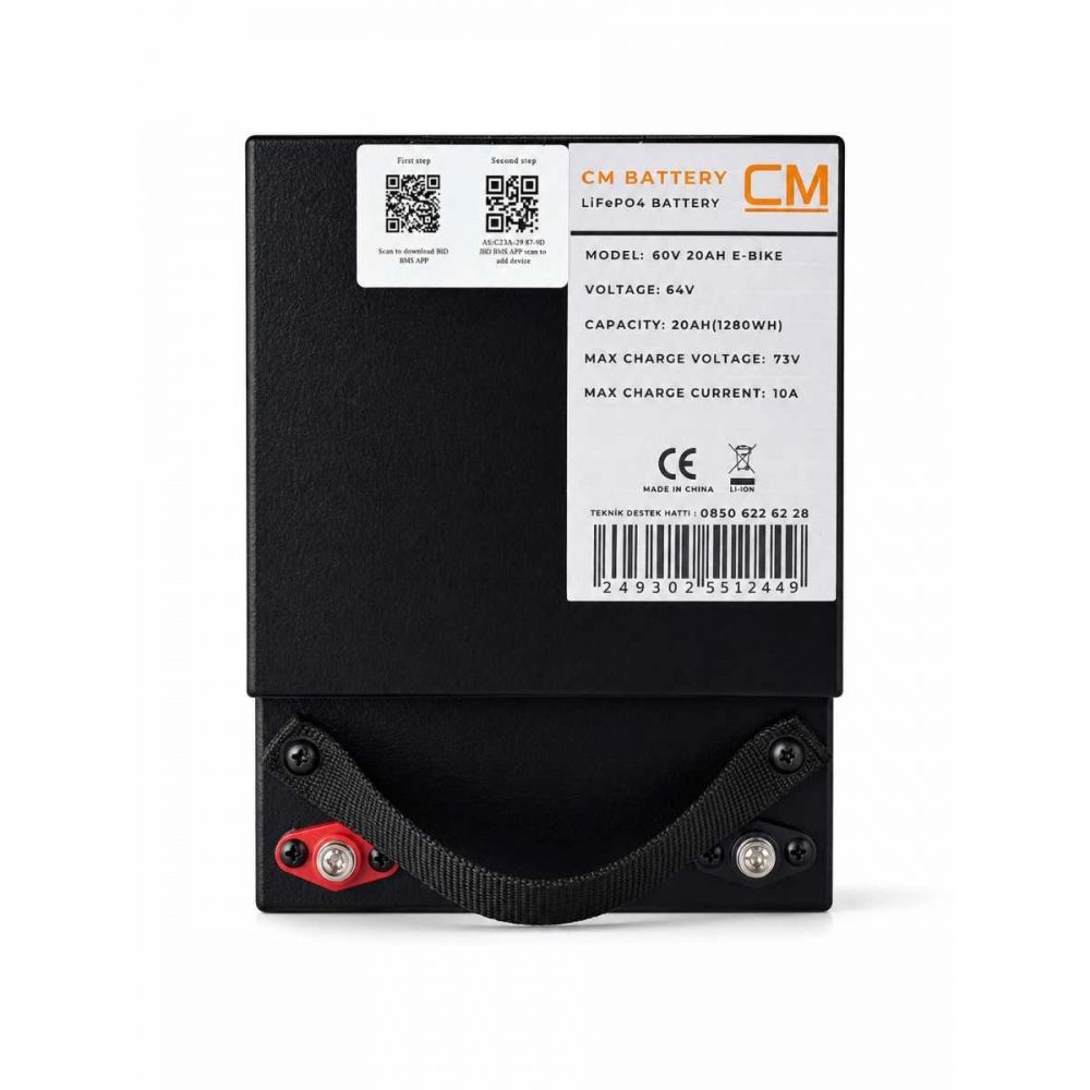 CM LiFePO4 Lityum Akü 60V 20Ah 1280Wh Elektrikli Bisiklet Scooter Aküsü – 73V Maksimum Şarj Voltajı (En x Boy x Yükseklik : 17,3cm x 22,8cm x 17,5cm)