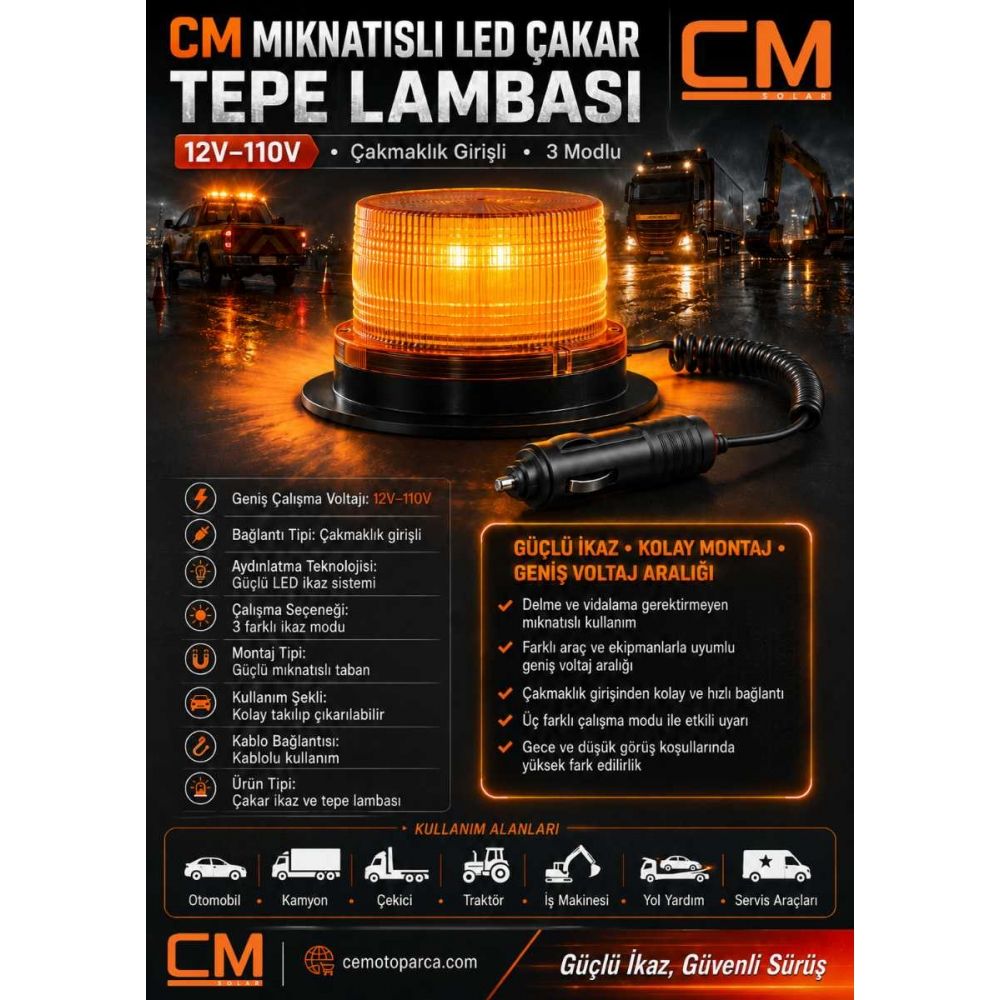 CM Mıknatıslı LED Çakar Tepe Lambası 12V–100V Çakmaklık Girişli 3 Modlu Turuncu İkaz Lambası