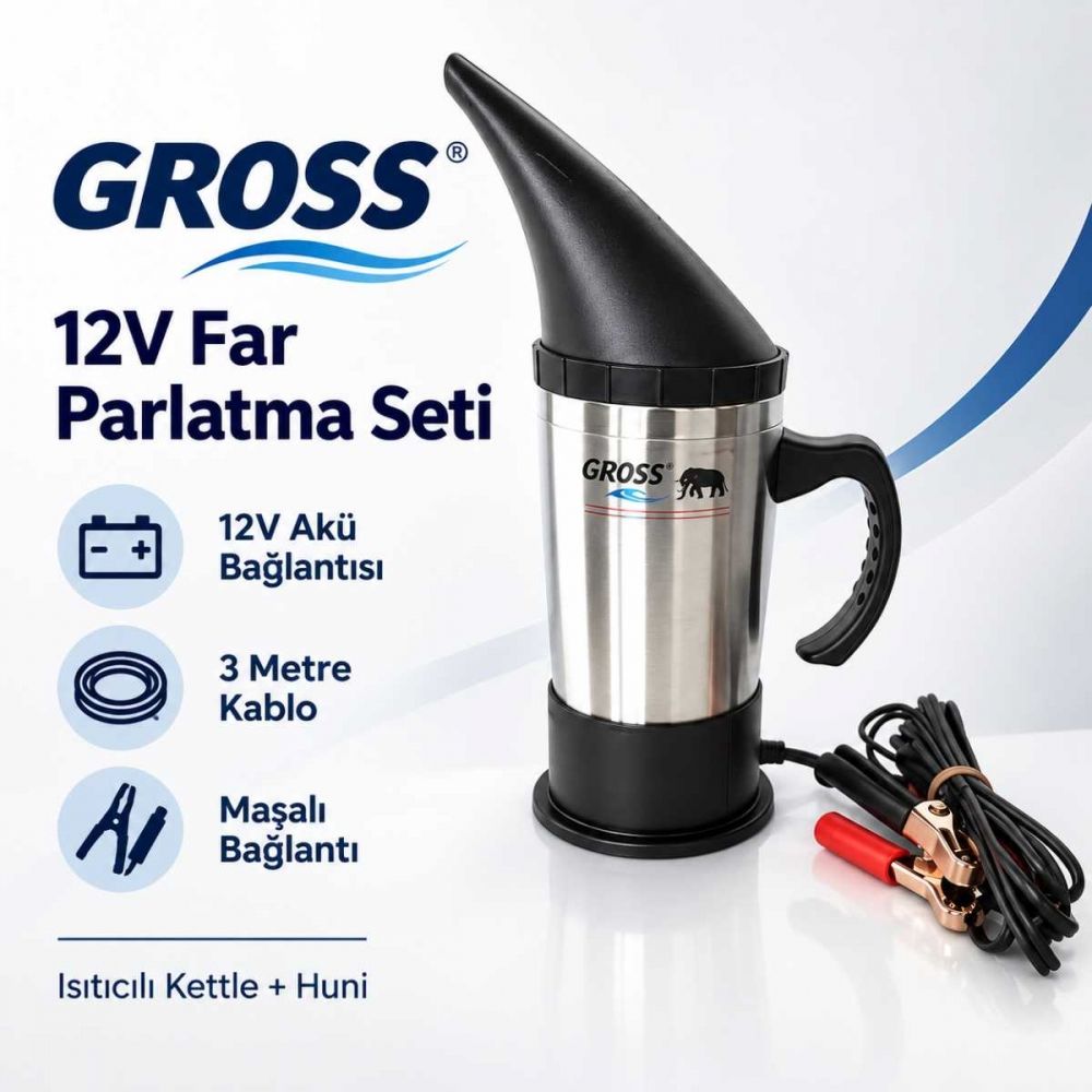 GROSS 12V Far Parlatma Temizleme Seti – Akü Bağlantılı Maşalı 3 Metre | Su Isıtıcılı Kettle + Huni Dahil 