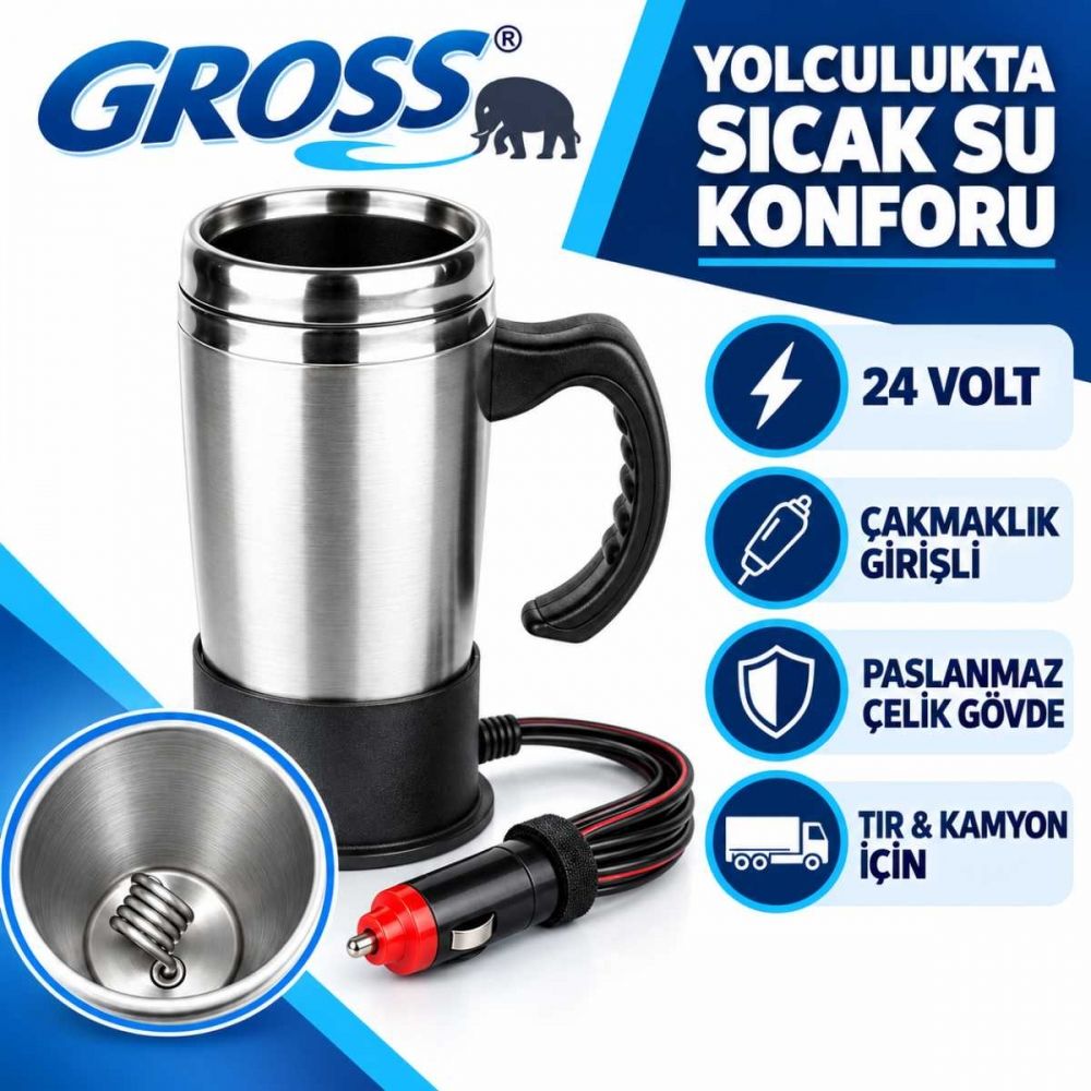 GROSS 24V Araç İçi Su Isıtıcı Termos – Çakmak Girişli Oto Kettle 24 Volt Seyahat Tipi Su Kaynatıcı (Tır & Kamyon Uyumlu)