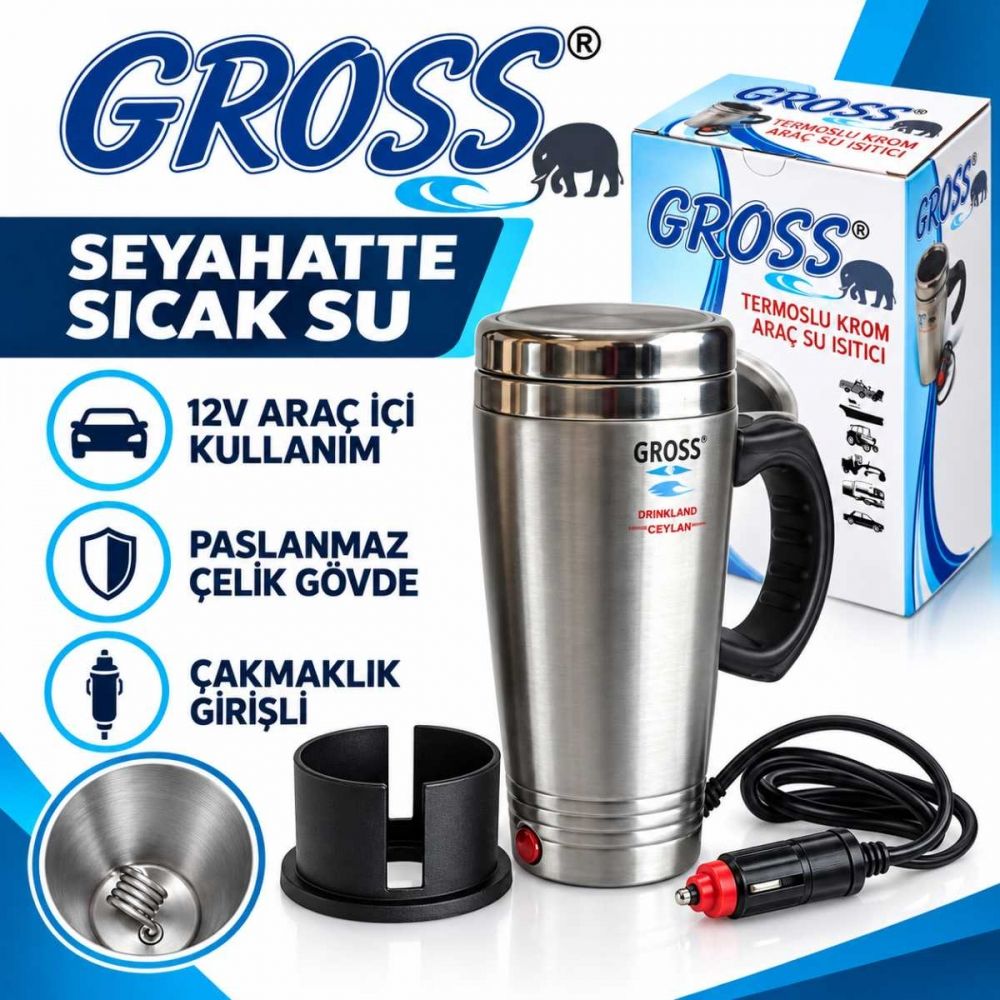 GROSS 12V Araç İçi Su Isıtıcı Termos – Çakmak Girişli Oto Kettle Seyahat Tipi Su Kaynatıcı 12 Volt Araç İçi Isıtıcı Termos
