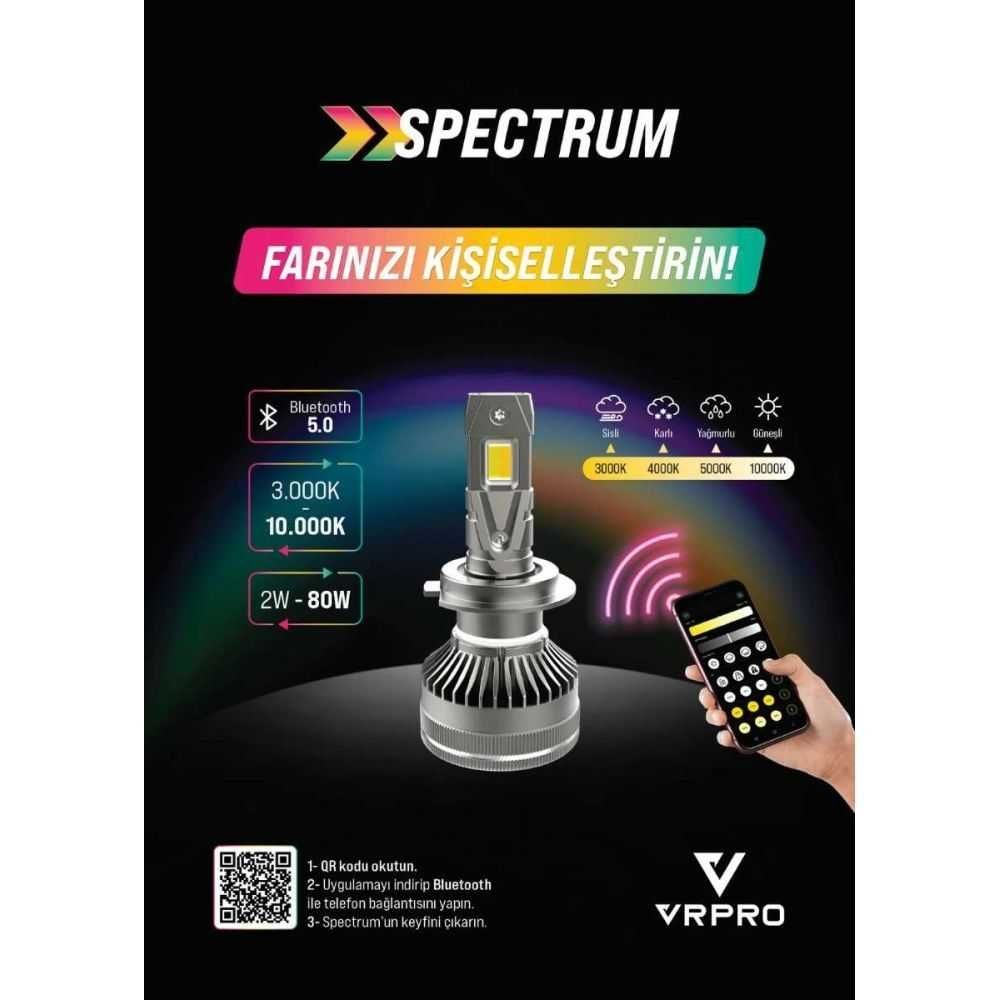 VRPRO Spectrum H1 LED Xenon Far Ampul Seti 12-24V | Uygulama Kontrollü | 3000K–10000K Ayarlanabilir Renk | CSP Çip | IP68